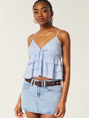 HOLLISTER About You Light Blue Ruffle Spaghetti Strap Women's Top